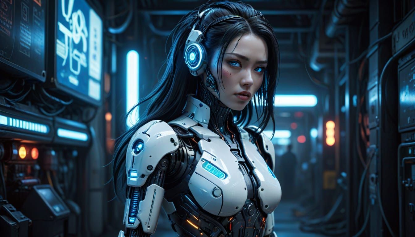 Cyberpunk Android Pinup with Glowing Neon Circuits