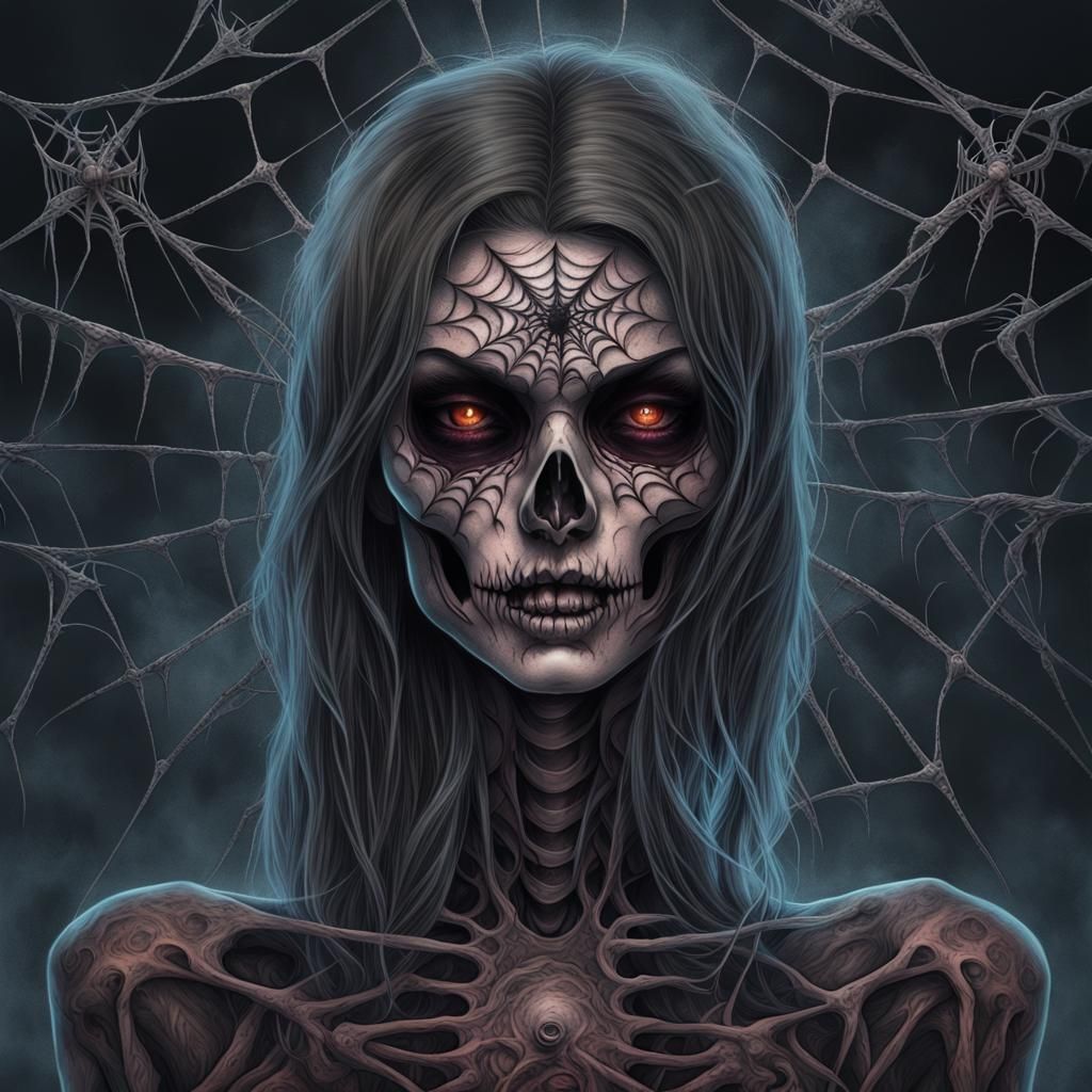 Surrealist Skeleton Portrait with Spiderweb Tattoos
