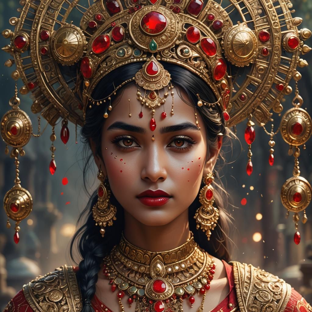 Indian Princess with Gold Jewelry, Detailed Matte Painting