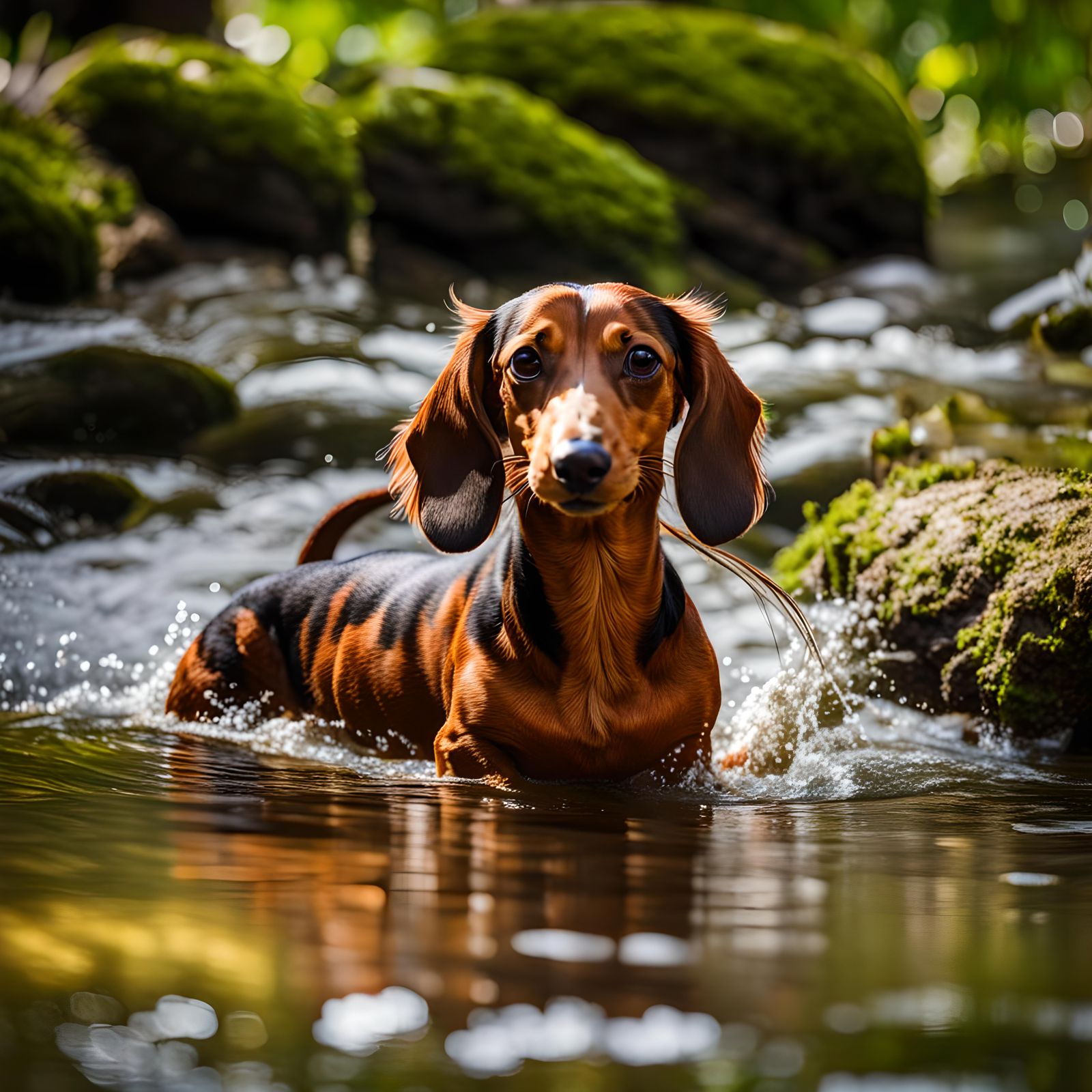 Dappled Dachshund Swimming in Stream