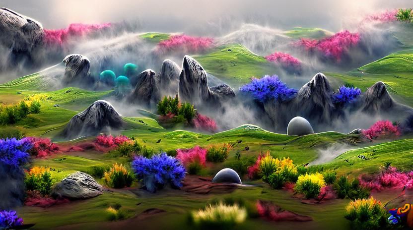 Alien Planet: Misty Mountain Landscape in Vibrant Colors