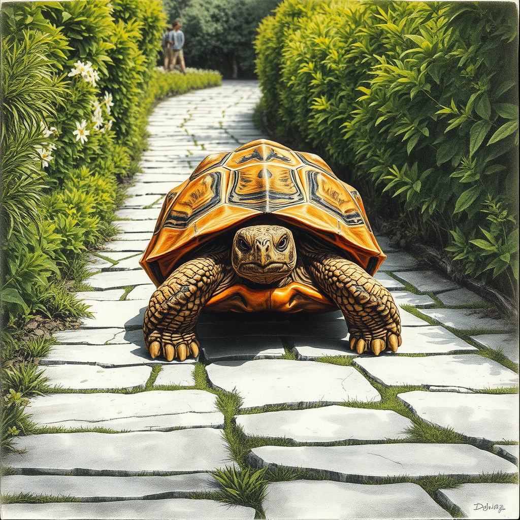 Hyperrealistic Charcoal Drawing of a Determined Tortoise