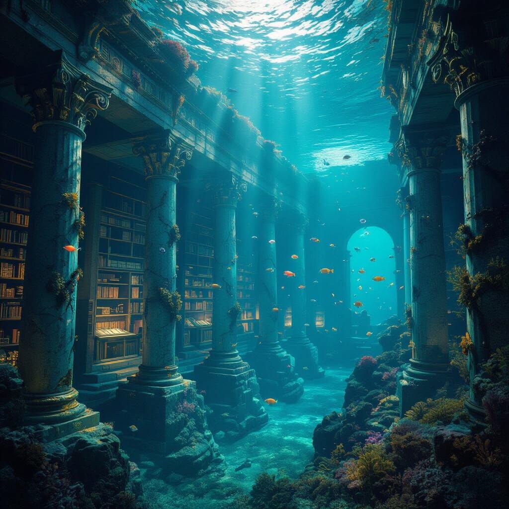 Ancient Sunken Library with Coral and Bioluminescent Fish