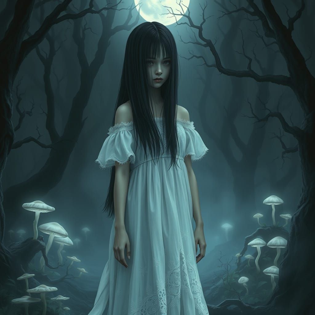 Girl at Forest Entrance in Silvery Moonlight