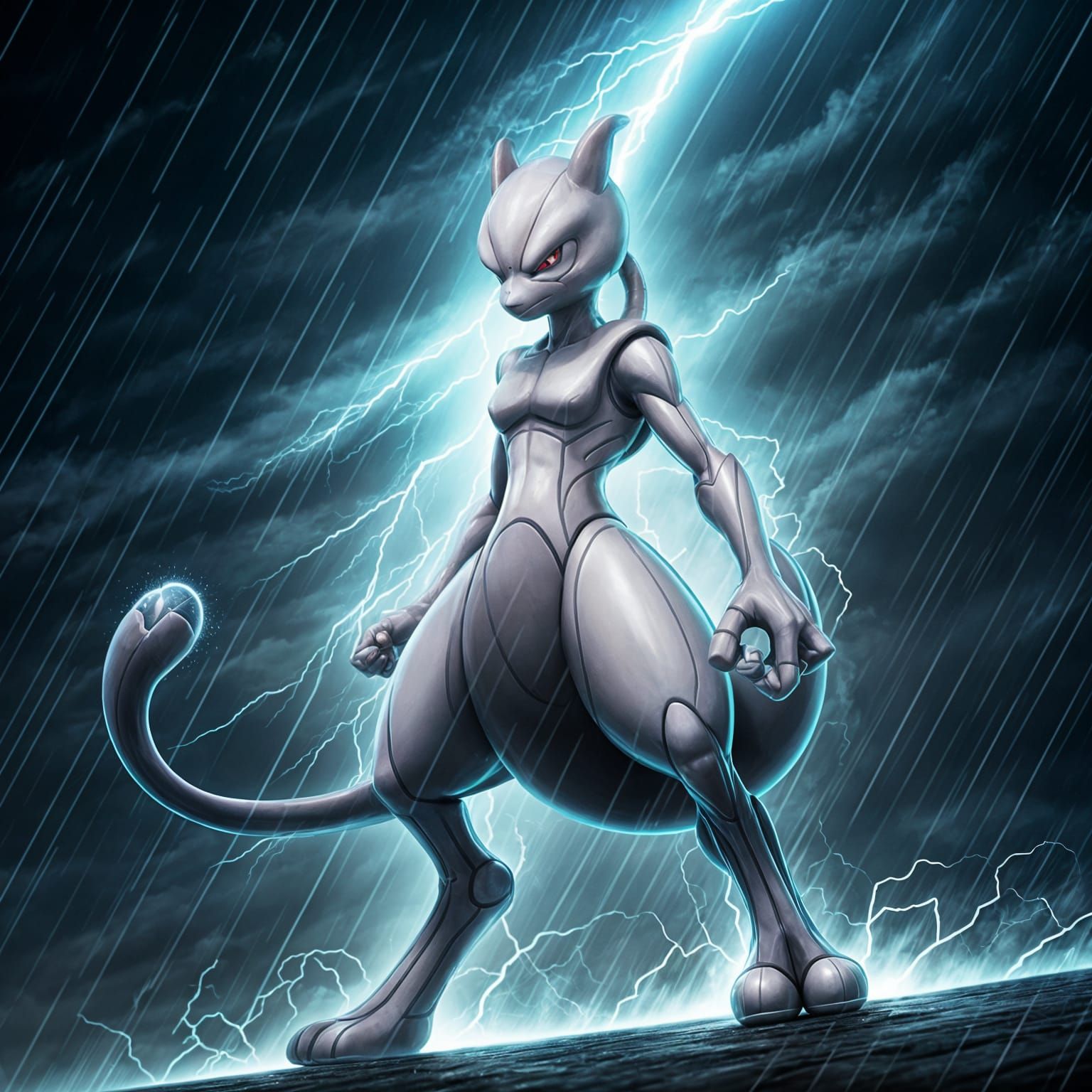 Realistic Mewtwo Amidst a Thunderstorm