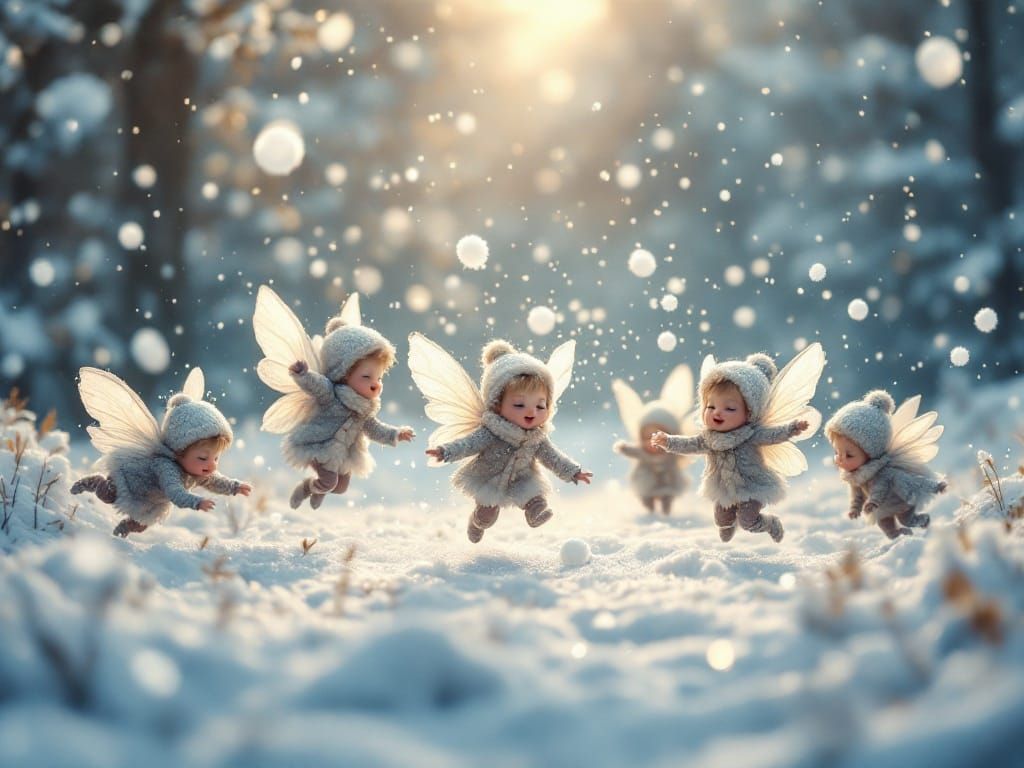 Pixies' Snowy Battle: A Dreamlike Snowball Fight