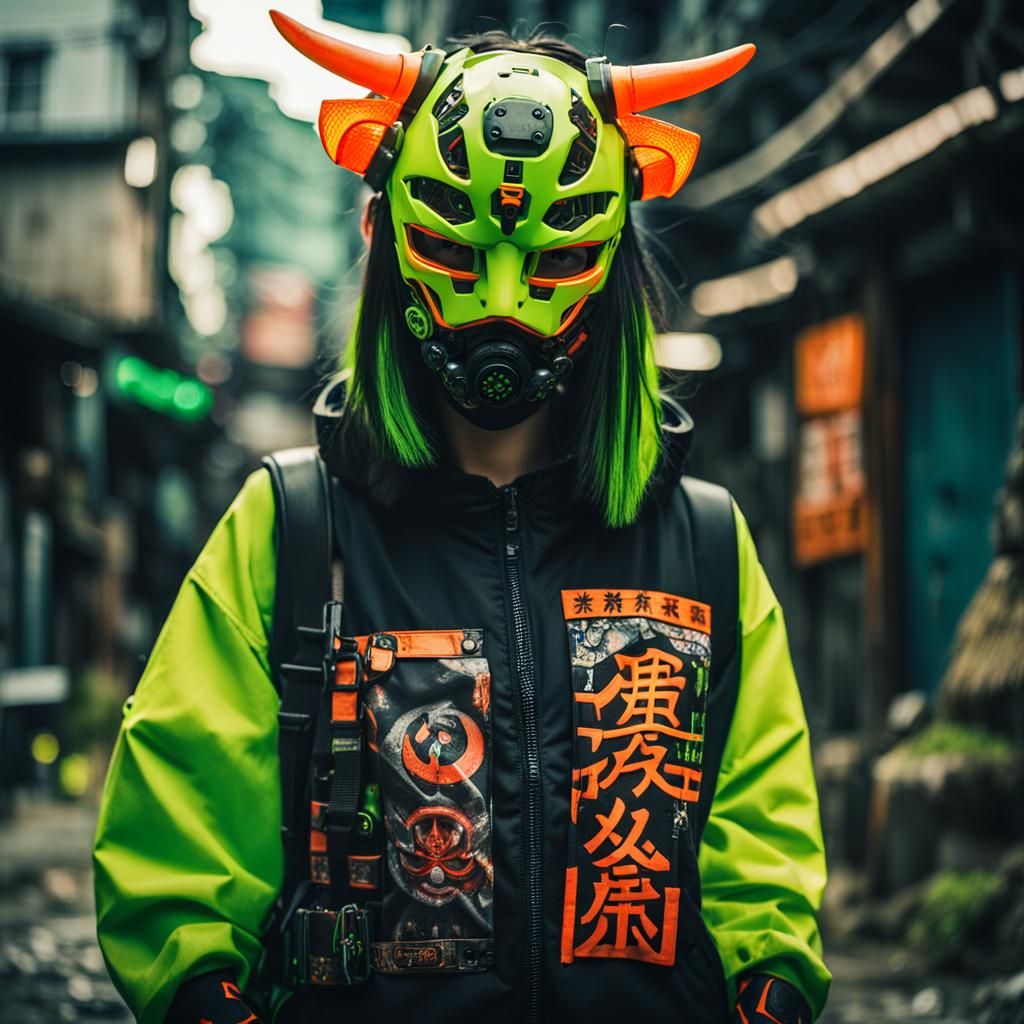 Cyberpunk Girl with Oni Mask in Slum