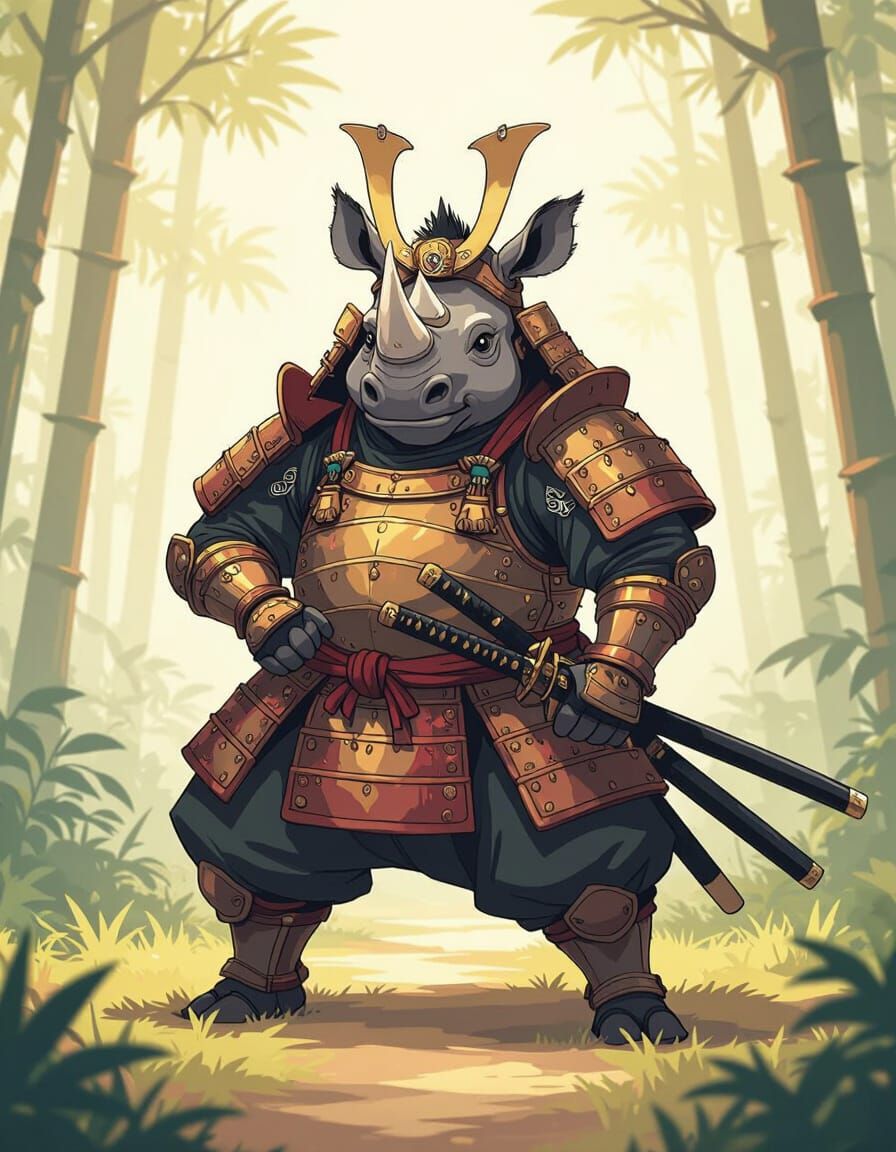 Rhino Samurai in Japanese Jungle, Anime Cel-Shaded Style