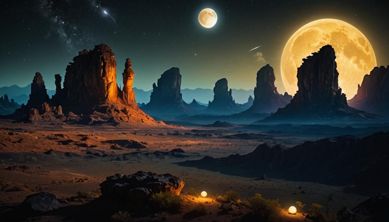 Alien Landscape with Two Moons Under Night Sky