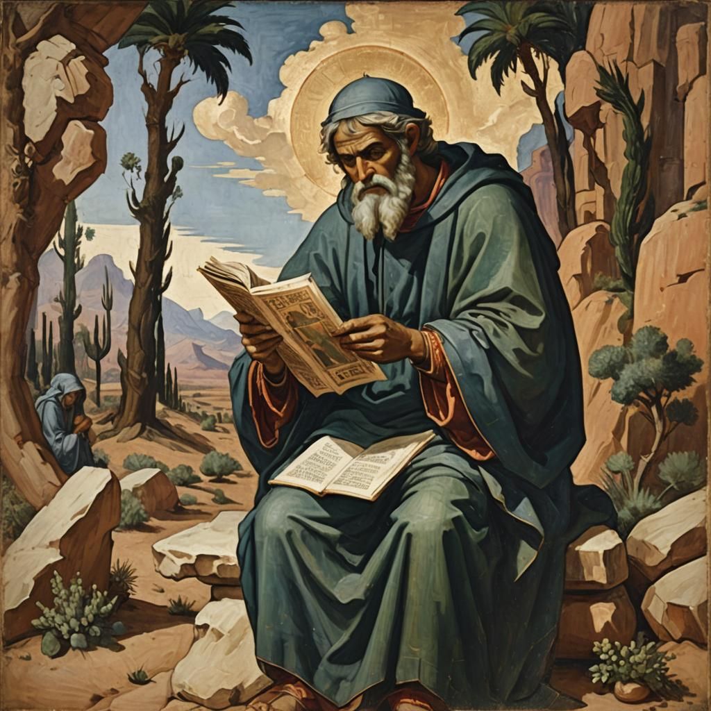 Wise Man Reading Scroll in Alien Desert: Cimabue Style