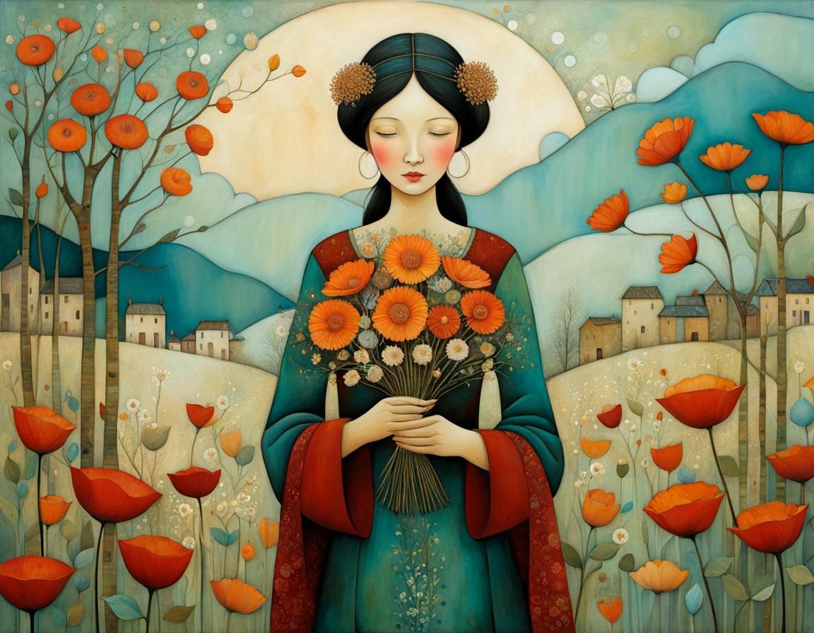 Magical Woman with Flowers: Whimsical Encaustic Painting