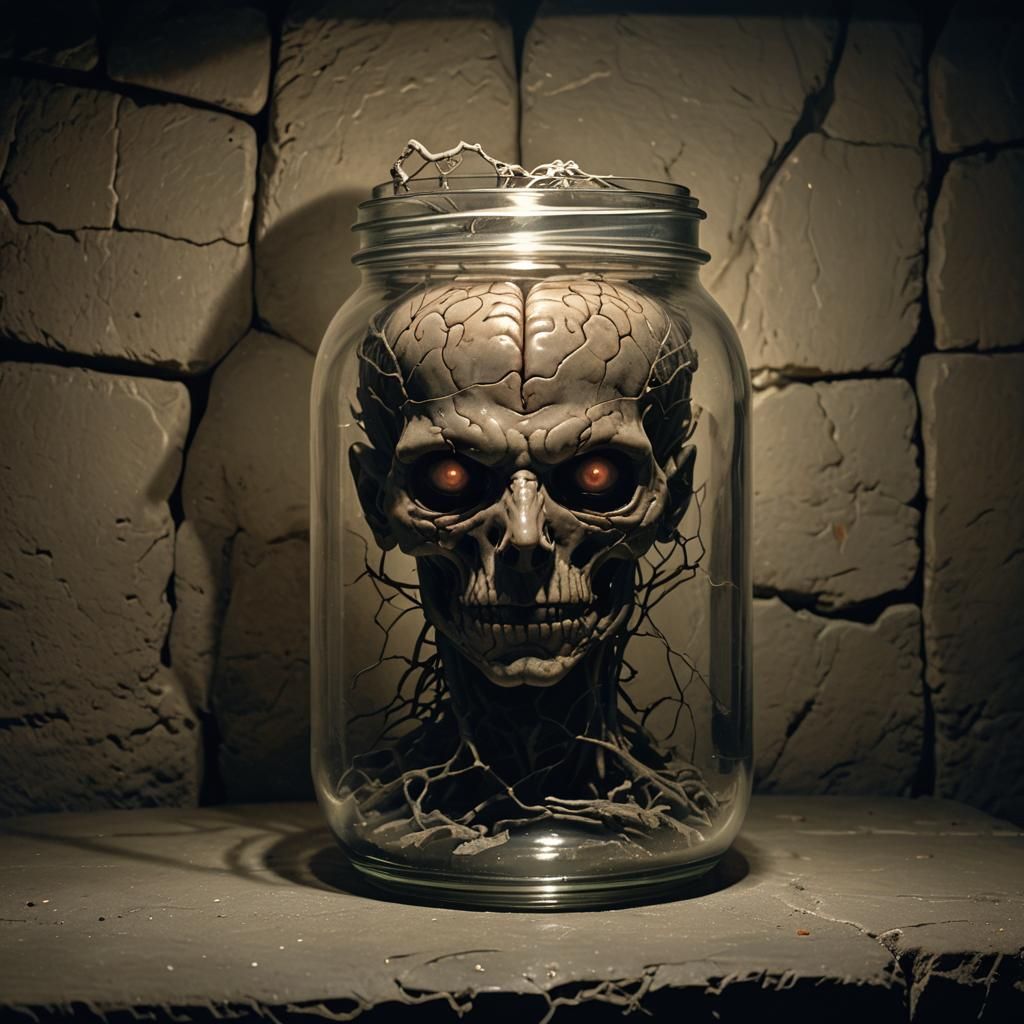 Eerie Brain in Jar: Dark Fantasy Still Life