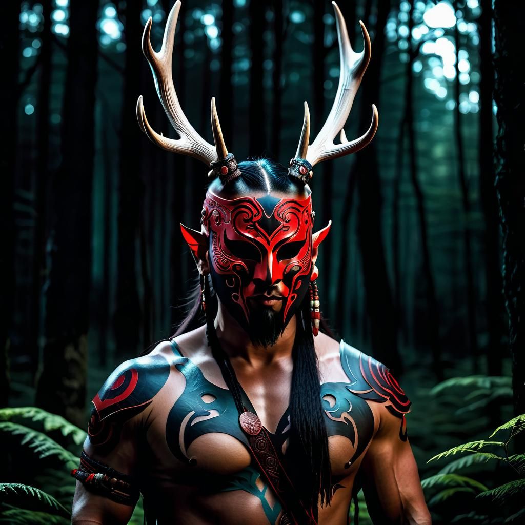 Pagan Shaman in Dark Magical Forest