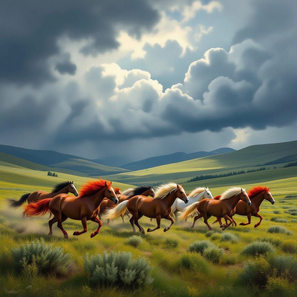 Wild Horses Gallop Through Stormy Highlands
