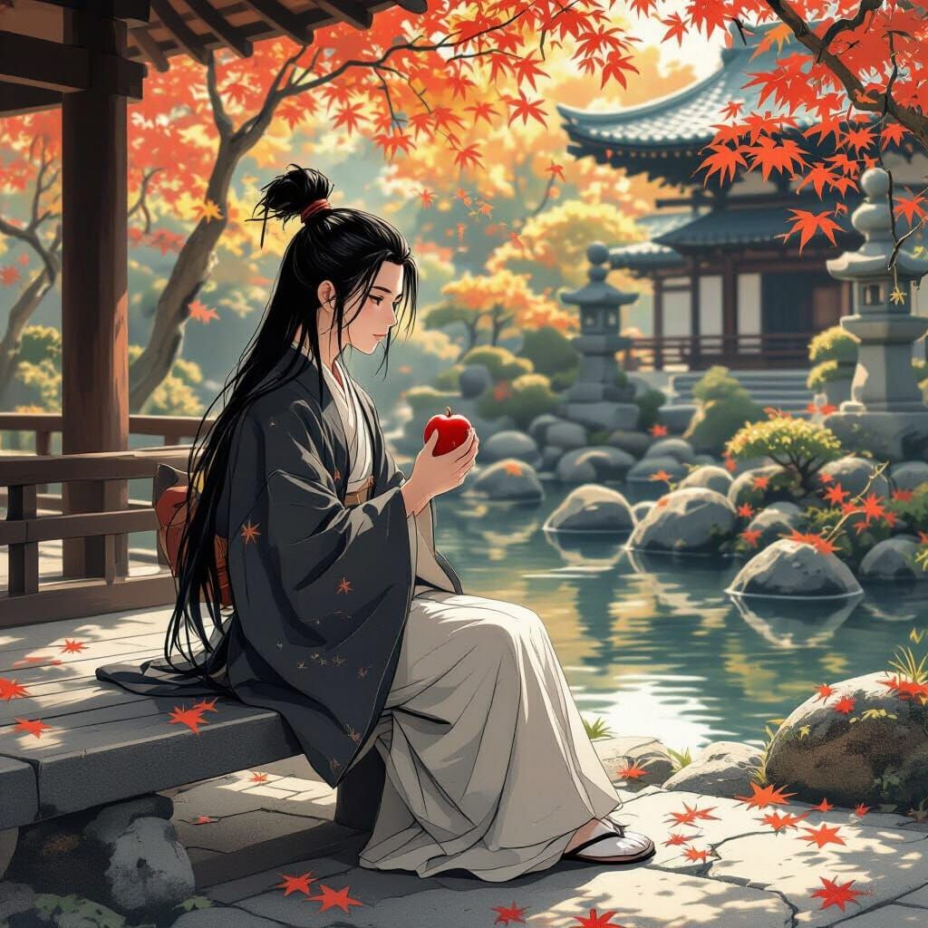 Boy in Kimono at Japanese Temple Garden