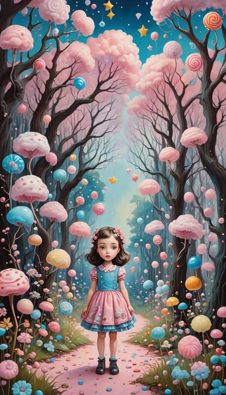 Magical Forest with Girl in Pop Surrealism Style