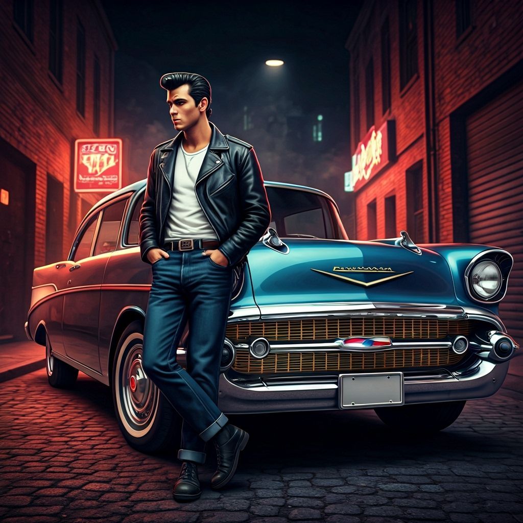 Greaser Leaning on 1957 Chevy in Cinematic Style