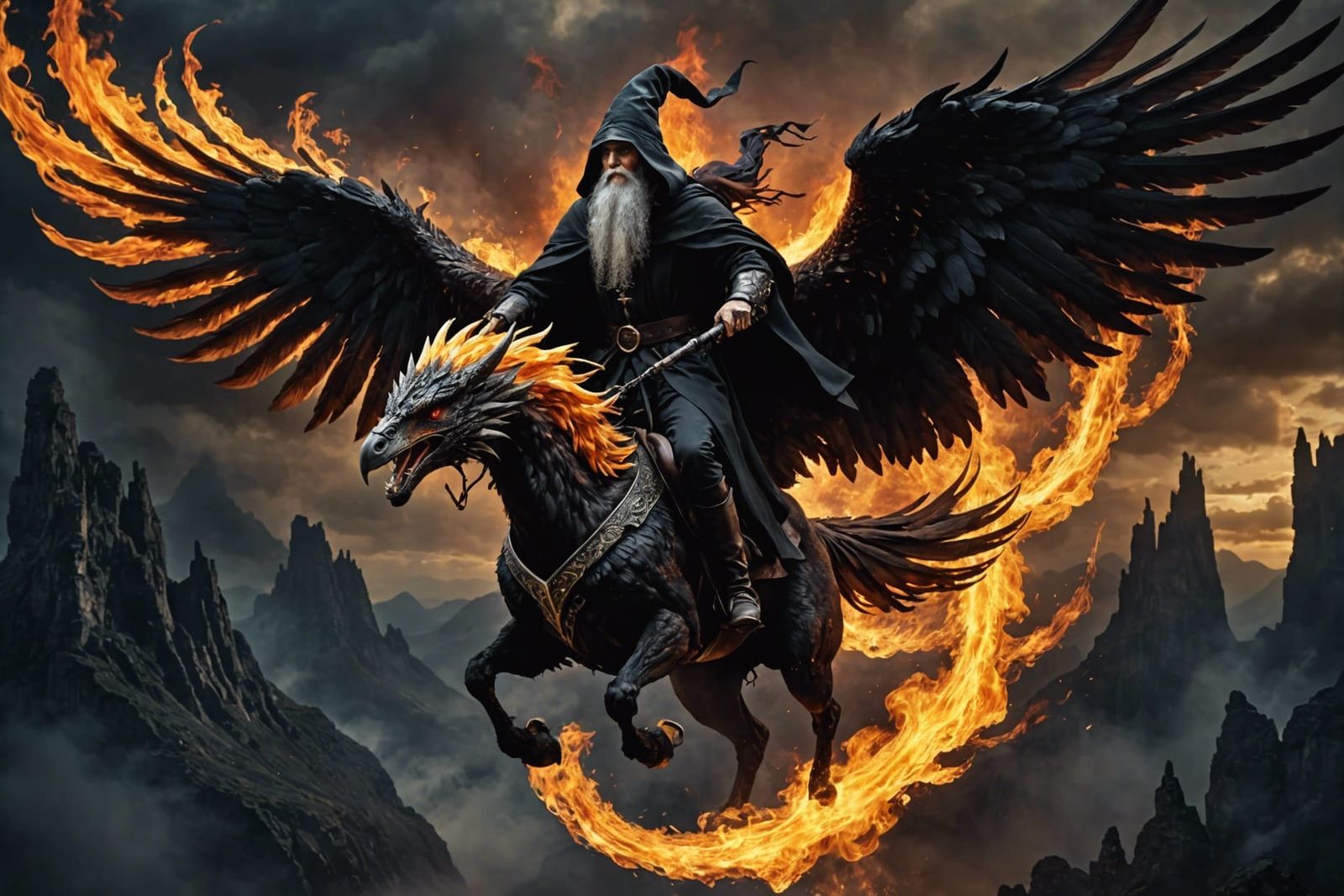 Dark Wizard Rides a Burning Phoenix