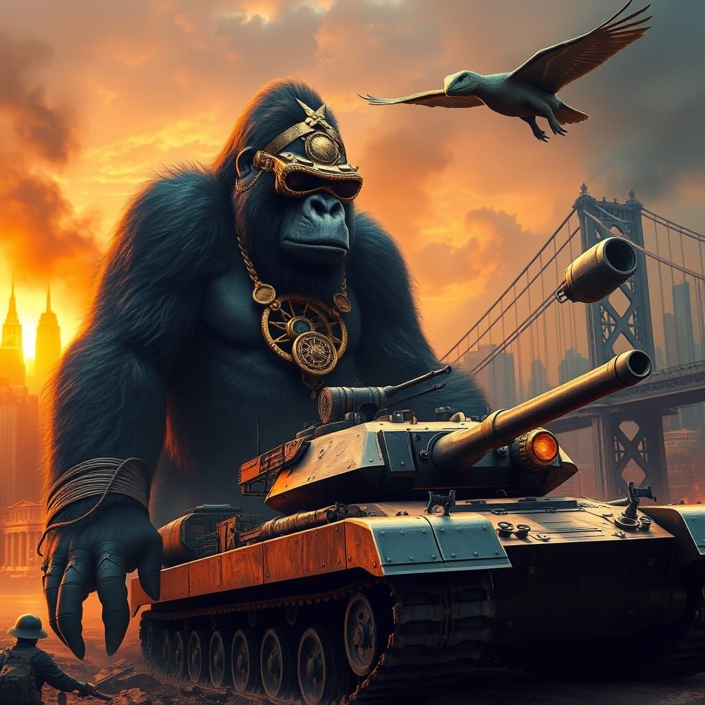 Majestic Steampunk Gorilla Surveys Ruined New York City