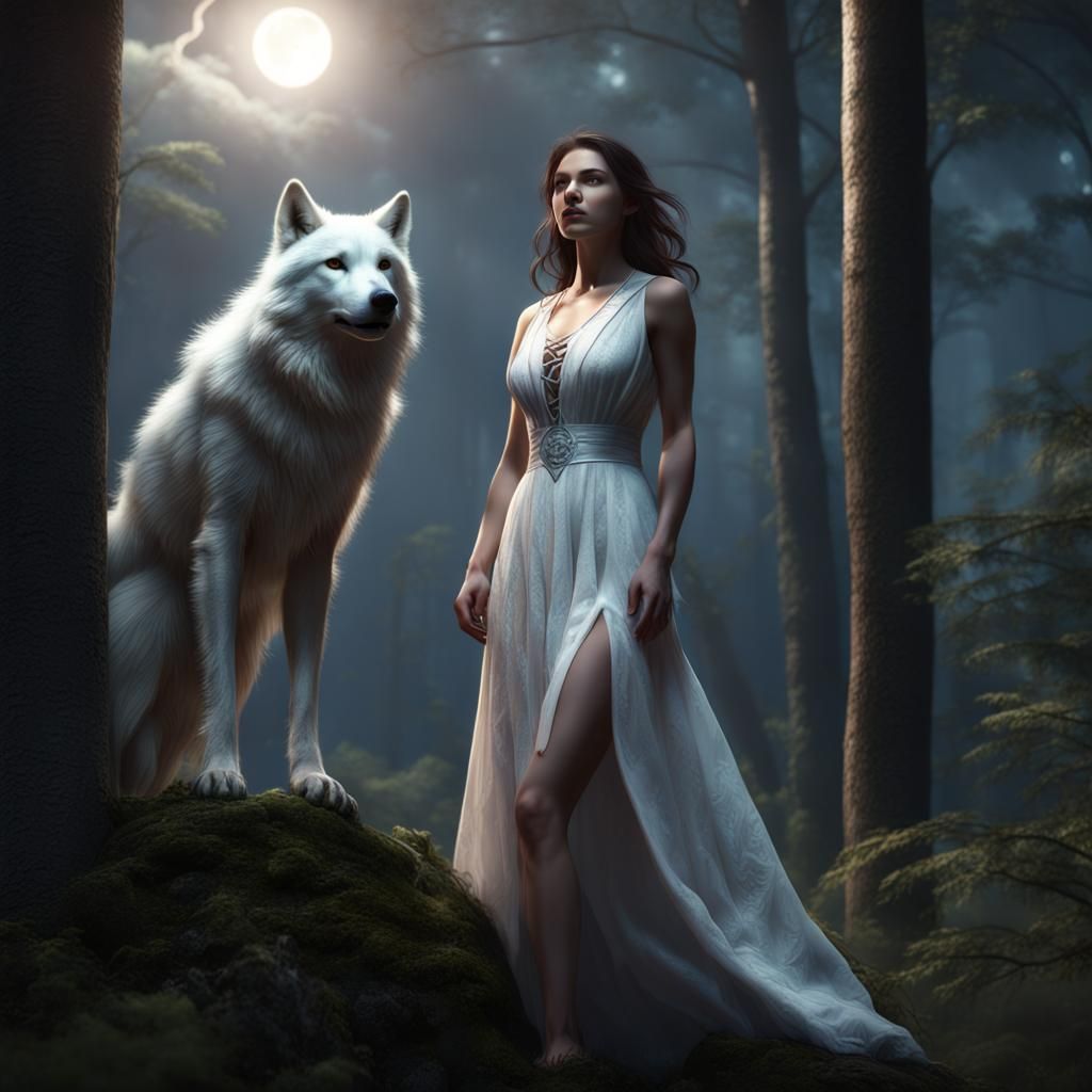 White Wolf Woman in Moonlight Fantasy Art