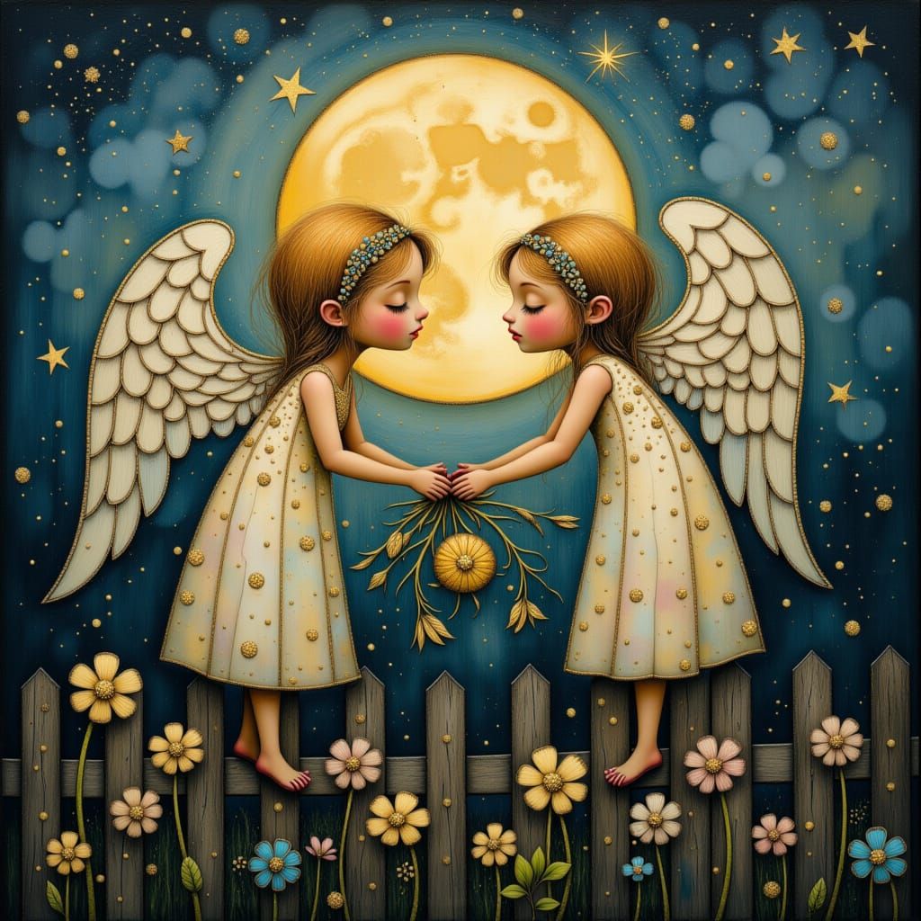 Angels on a Whimsical Fence under Full Moonlight
