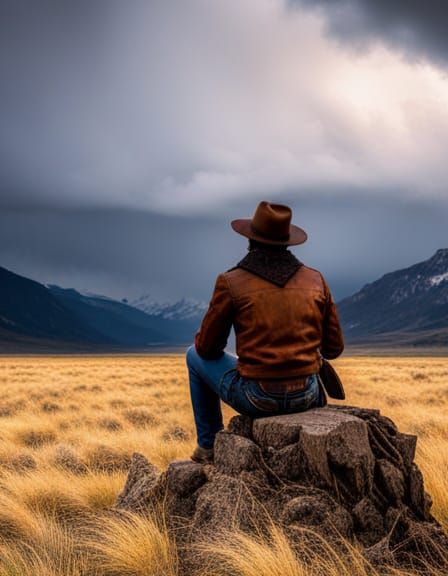 Wyoming Cowboy Watches Approaching Blizzard