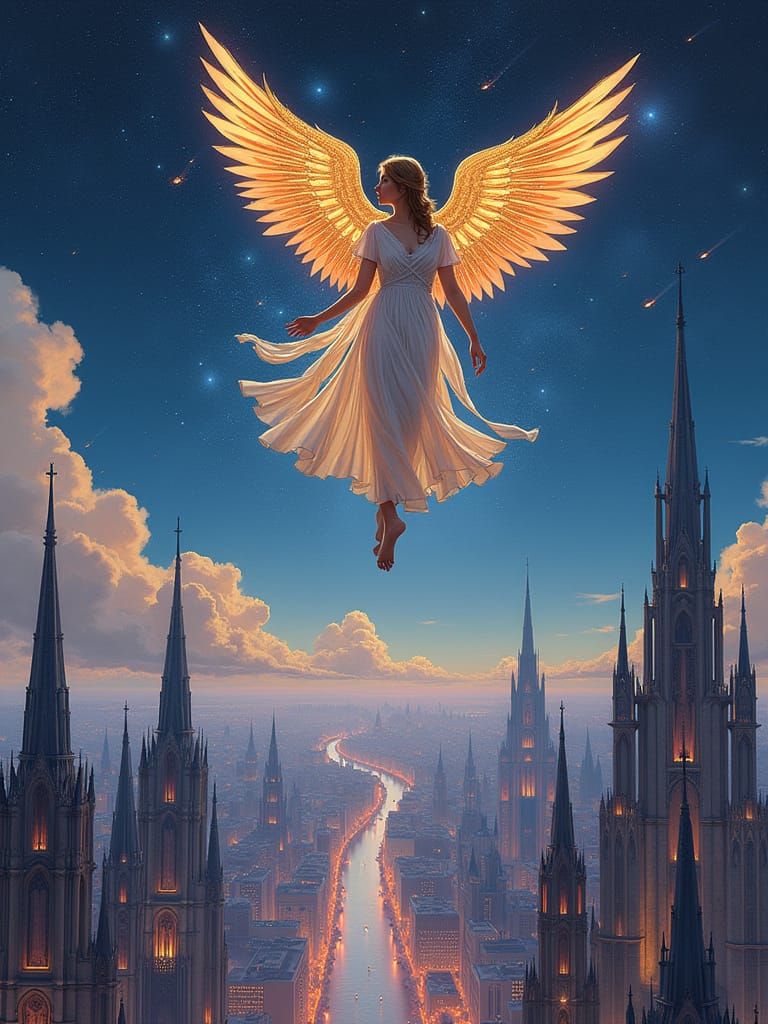 Celestial Being Over Futuristic City in Art Nouveau Style