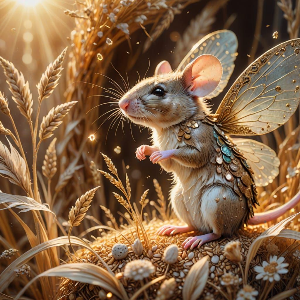 Mouse Fairy Stealing Grains in Mixed Media Collage