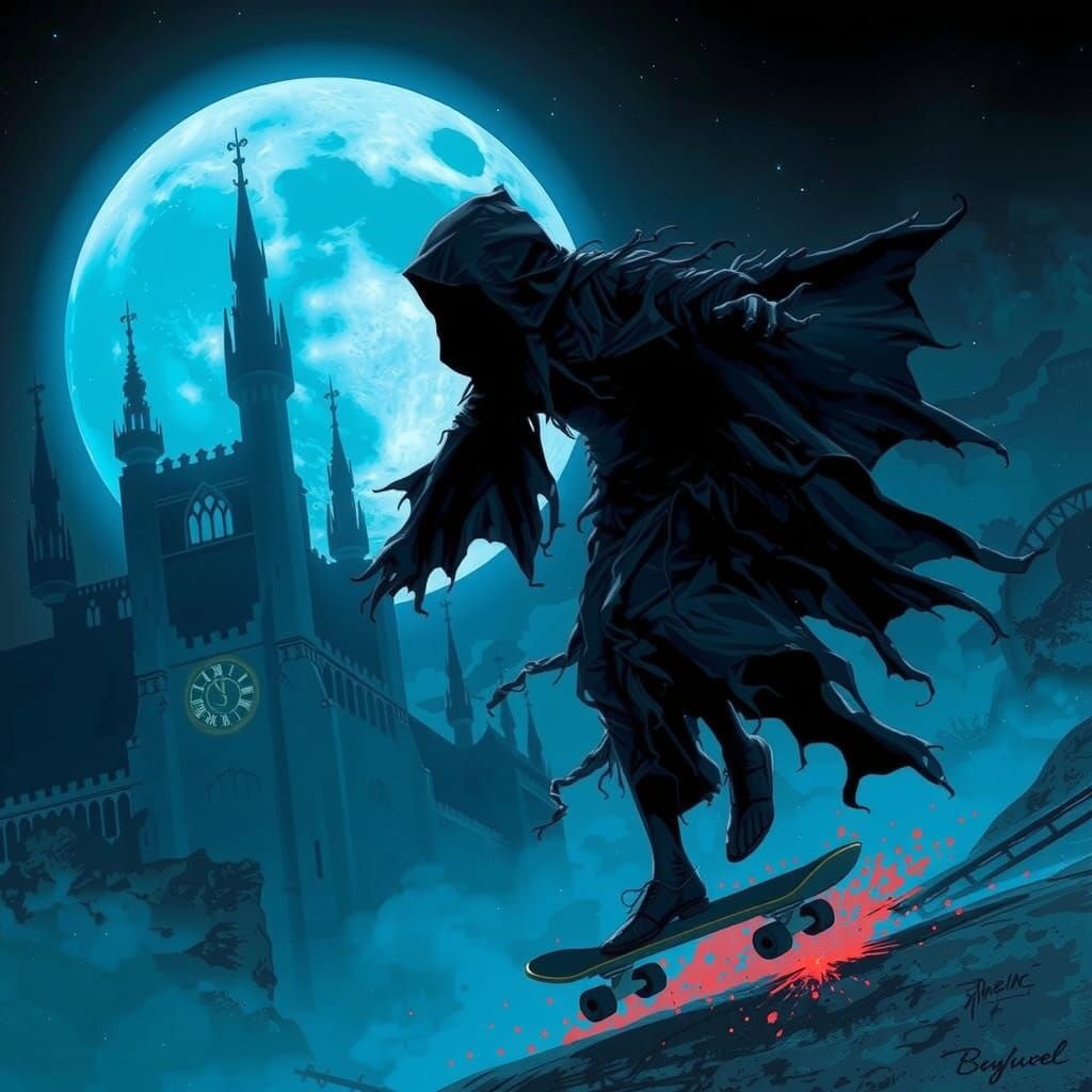 Skateboarder Silhouetted Against Blue Moon, Gothic Style