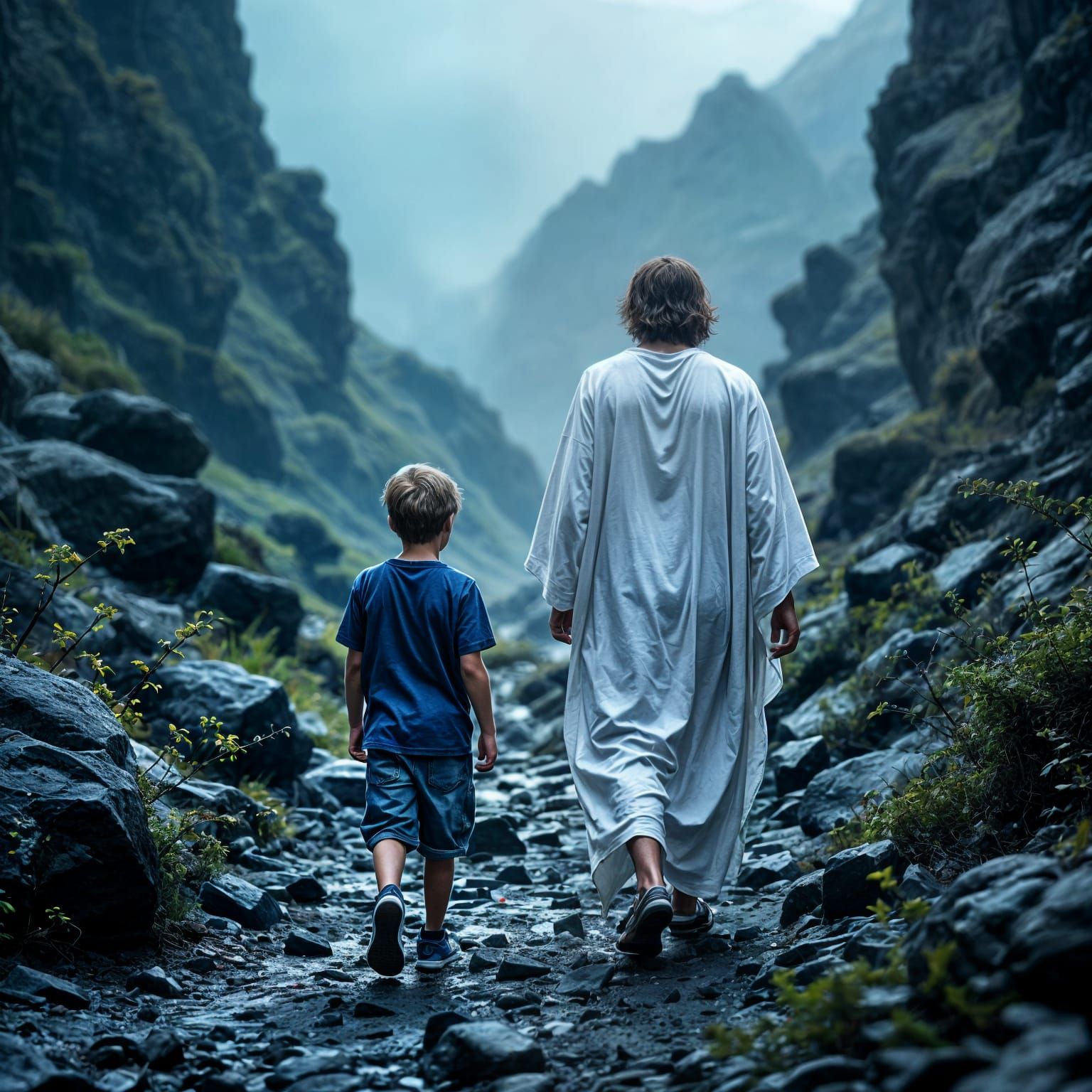 Boy and Translucent Man Walk Through Dark Valley