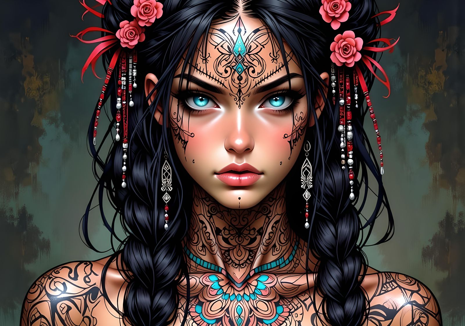 Tattooed Geisha Ultrawarrior Queen with Glowing Energy Lines