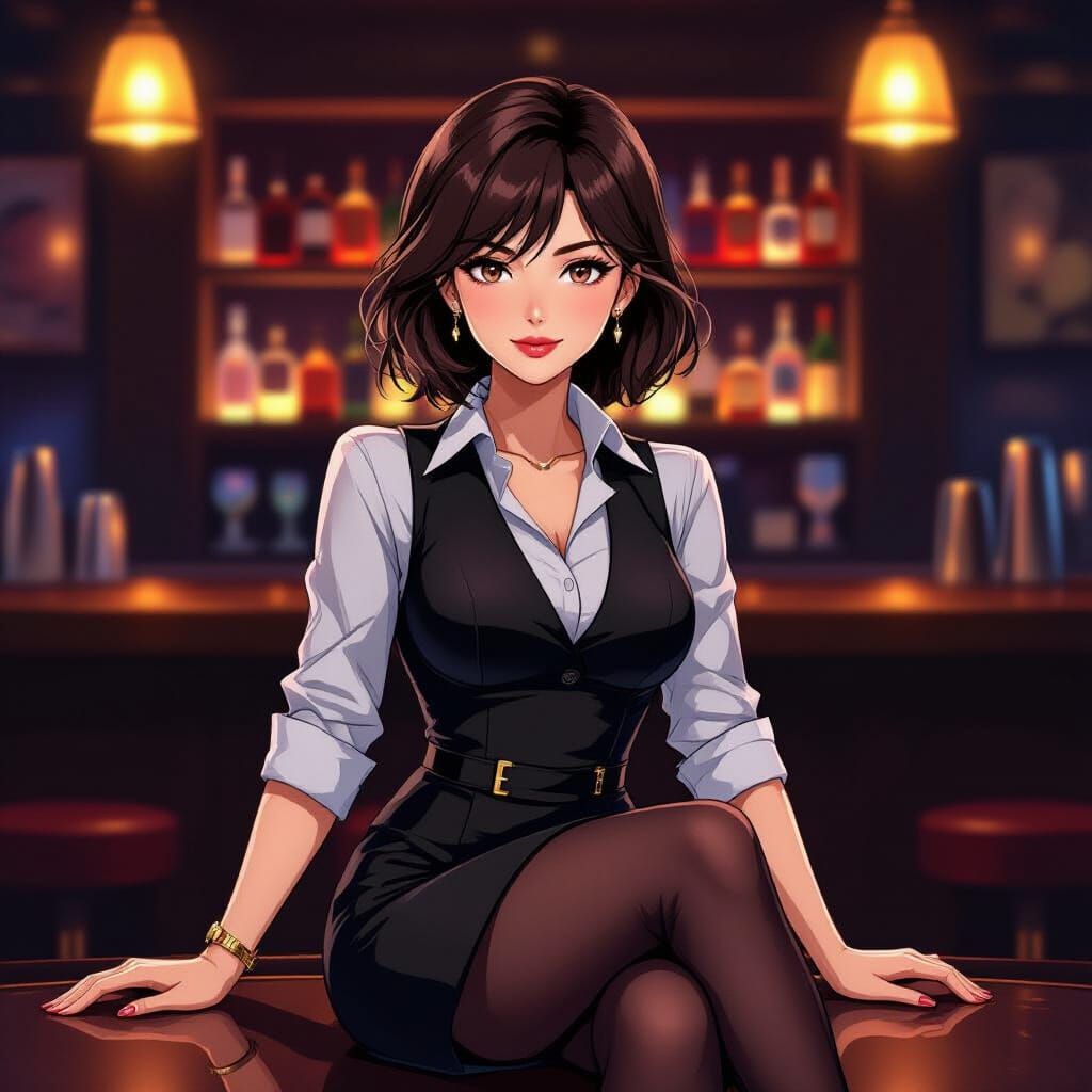 Anime Business Woman at Sophisticated Bar