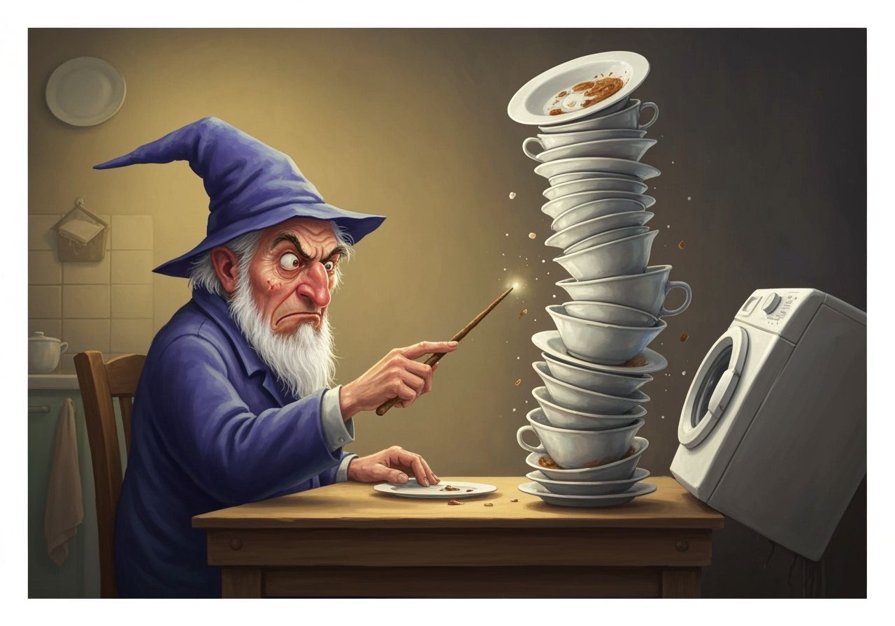 Grumpy Wizard Magically Stacks Dishes