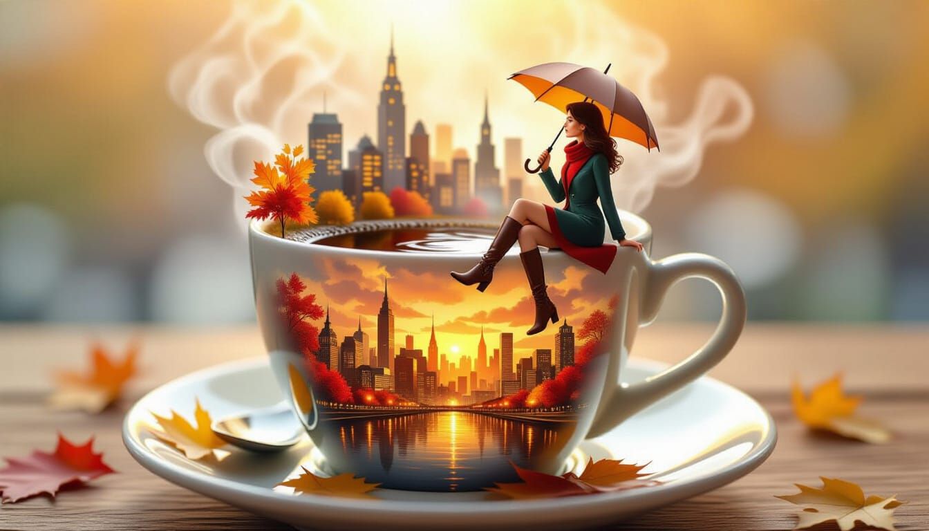 Miniature Cityscape in a Coffee Cup, Watercolor Style