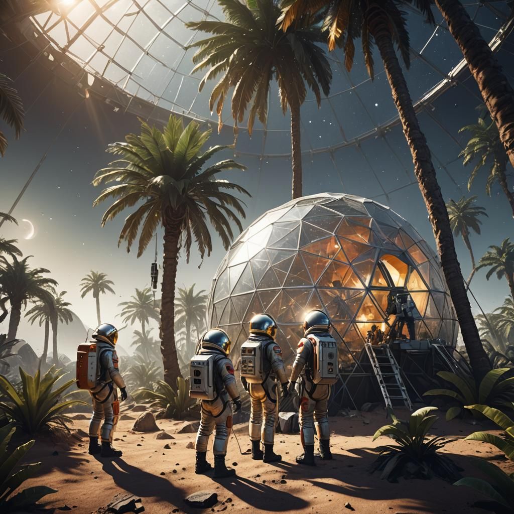 Astronauts Tend Lunar Palm Tree in Dome
