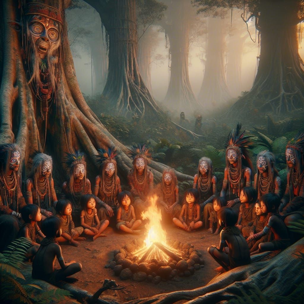 Baiga Family Around Fire in Fantasy Forest