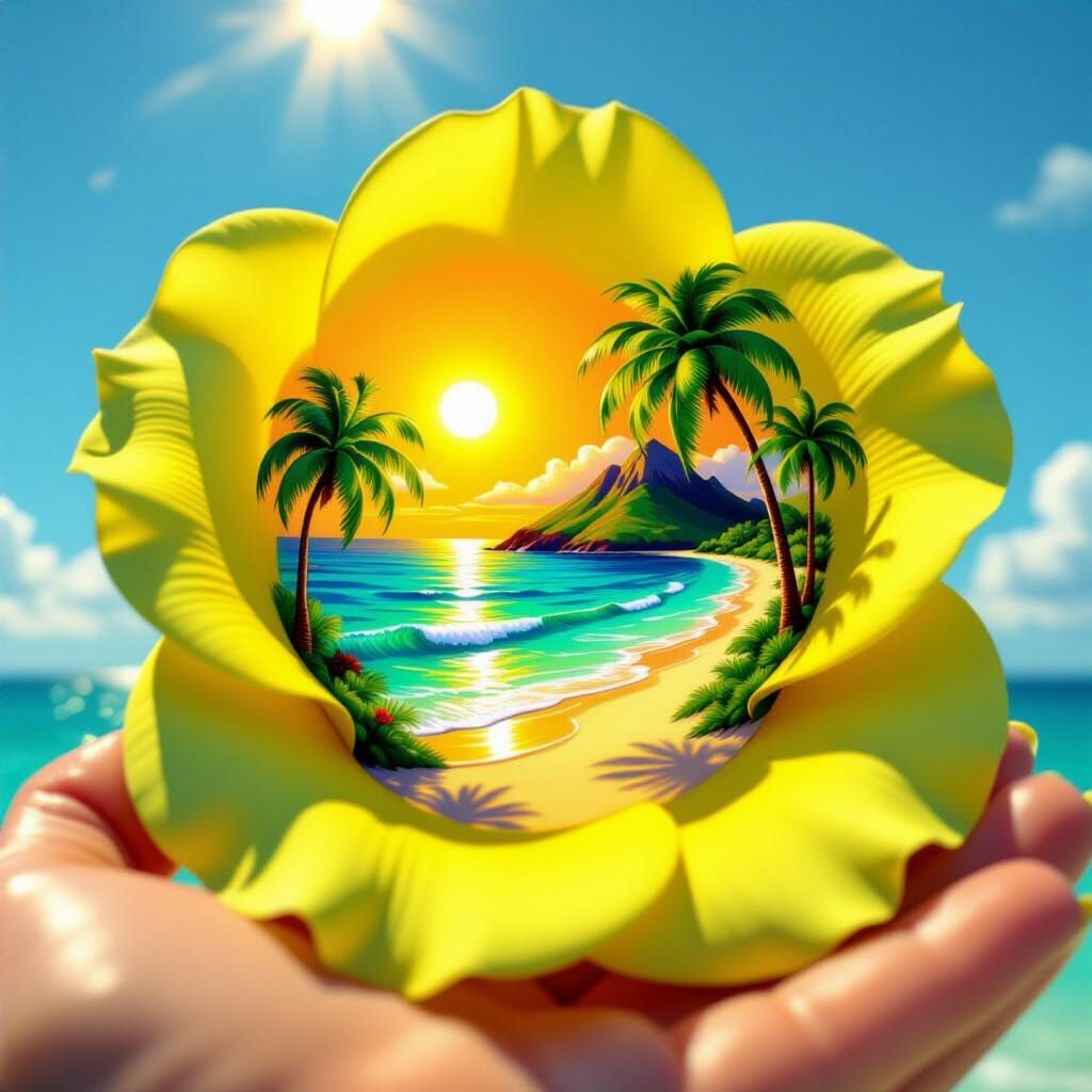 Hyperrealistic Rose Petal Scene with Island and Sun