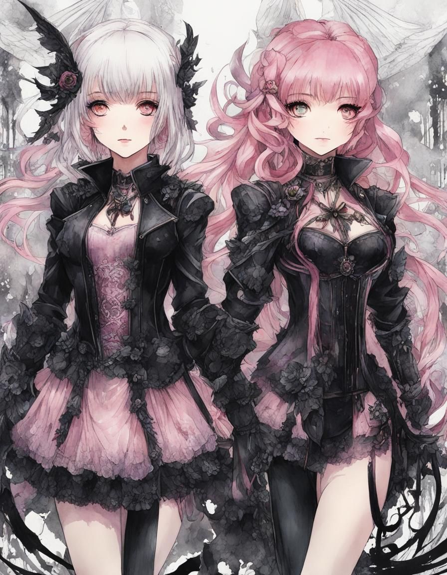 Gothic Girls Holding Hands in Watercolor and Ink