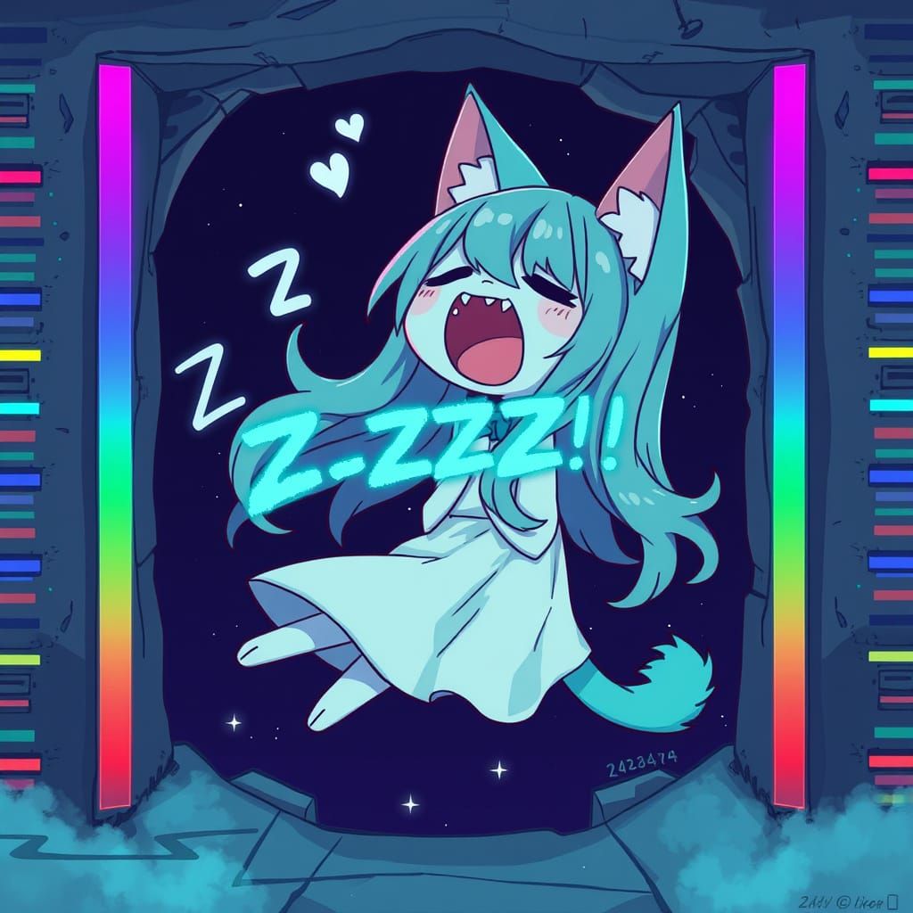 Spooky Synthwave Anime Catgirl in Haunted Scene