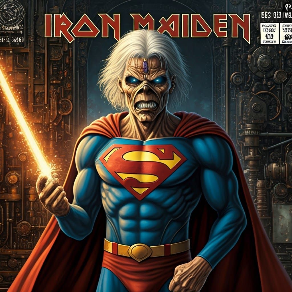 Iron Maiden in Steampunk Superman Regalia as 'The Free Man'