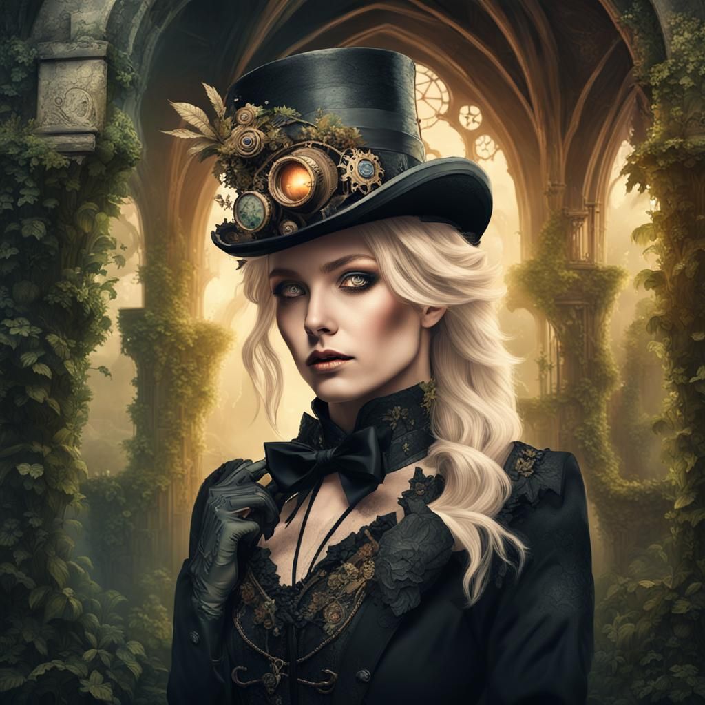Steampunk Beauty in Gothic Ruins: Hyperrealistic Portrait