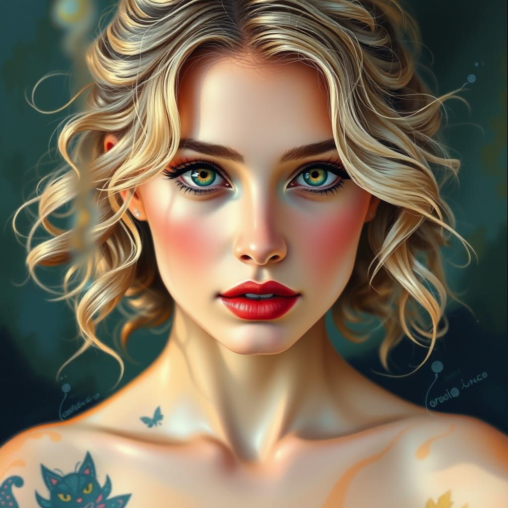 Mystical Portrait of Ash Blonde Woman with Green Eyes