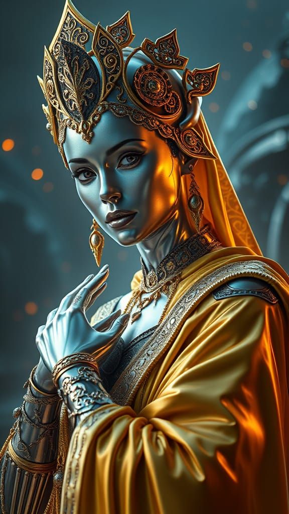 Regal Metal Goddess in Epic Sci-Fi Atmosphere