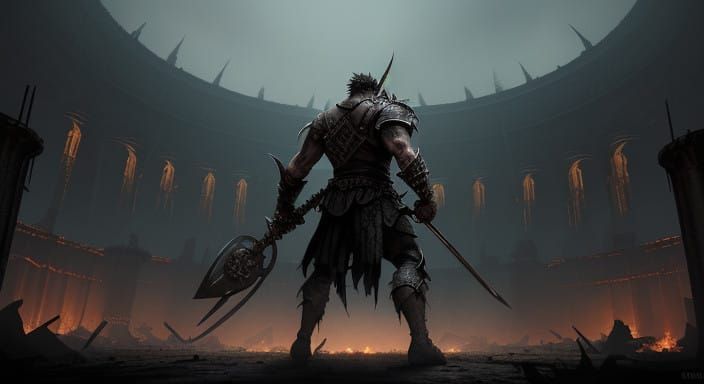 Veteran Gladiator Stands Tall in Dark Industrial Arena