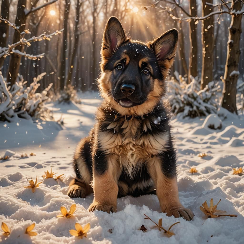 Cute German shepherd puppy playing in the snow