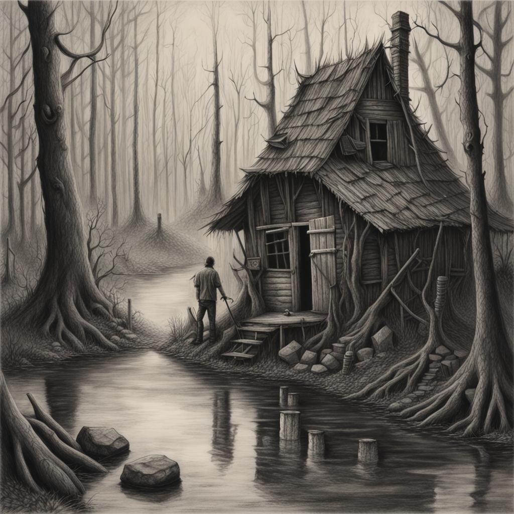 Mystic Swamp: Hyperdetailed Charcoal Horror Scene