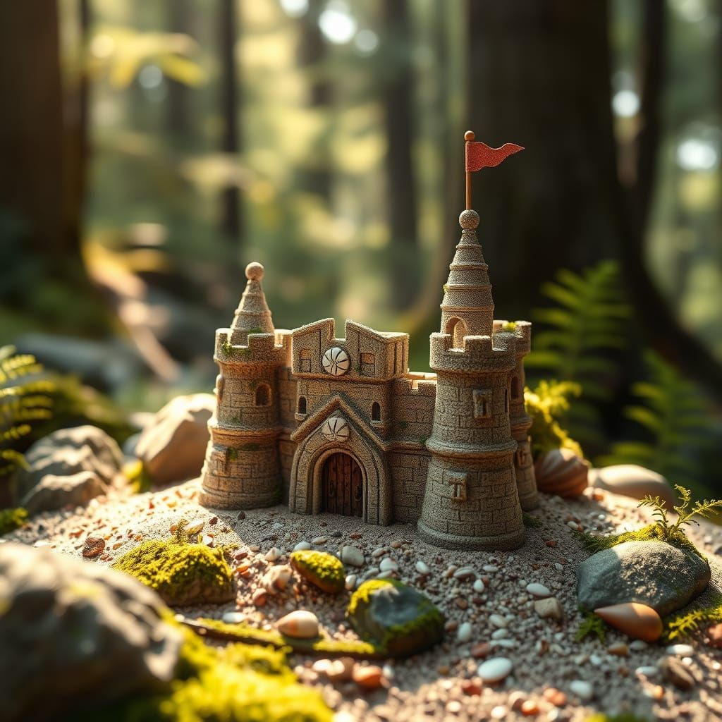 Hyperrealistic Miniature Sandcastle in Enchanted Forest
