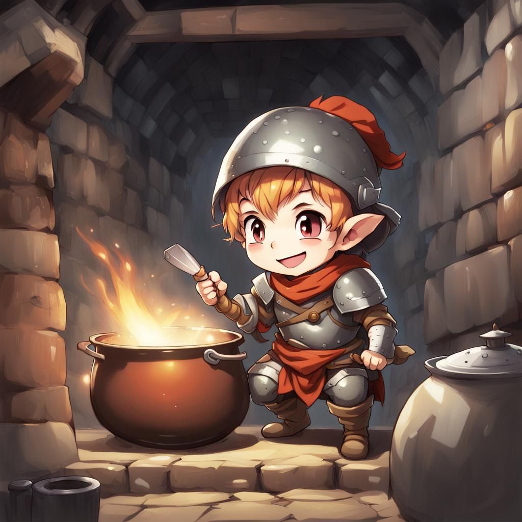 Halfling Fighter in Dungeon, Anime Art Style