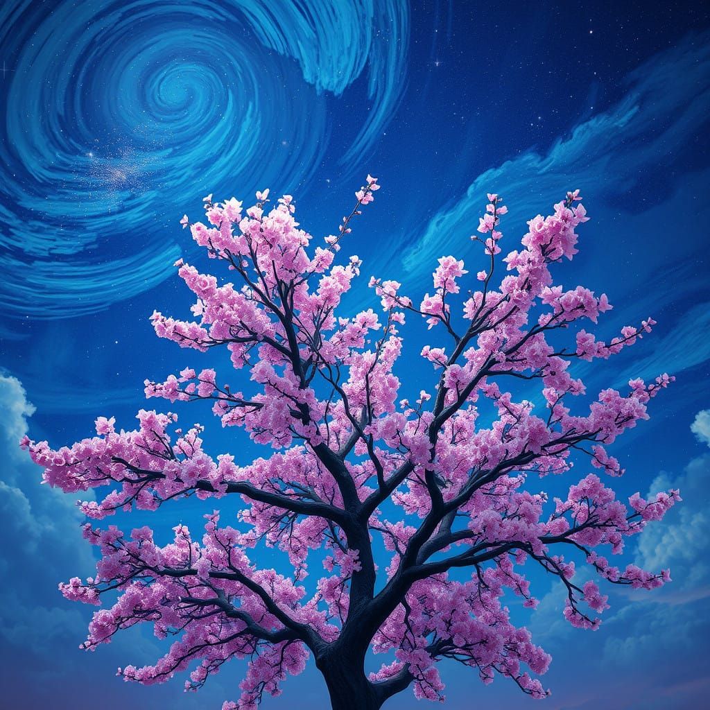 Dreamy Cherry Blossom Tree Under Starry Night Sky in Fantasy...
