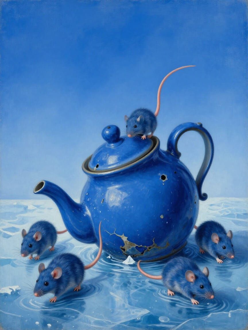 Surreal Blue Teapot with Mice Emerging in Dreamlike Atmosphe...